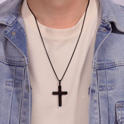 Mens Stainless Steel Cross 24 Inch Pendant Necklace