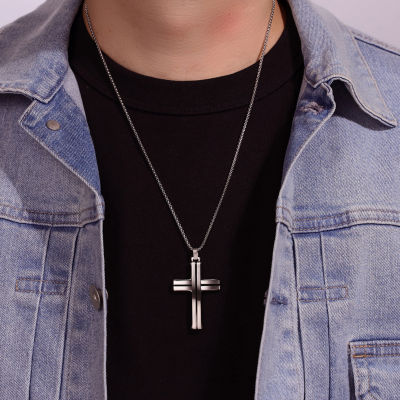 Mens Stainless Steel Cross 24 Inch Pendant Necklace