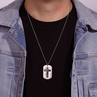 Lord'S Prayer Mens Stainless Steel Cross Dog Tag Pendant Necklace