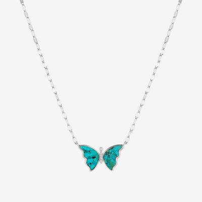 Womens Blue Turquoise Sterling Silver Butterfly Pendant Necklace