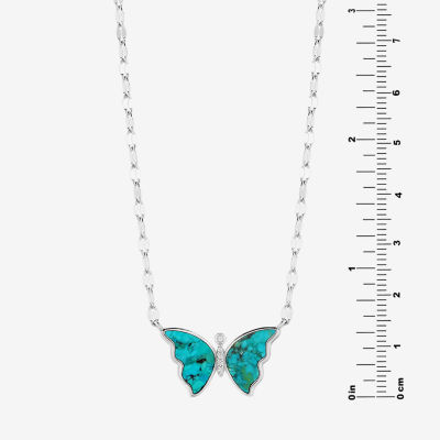 Womens Blue Turquoise Sterling Silver Butterfly Pendant Necklace