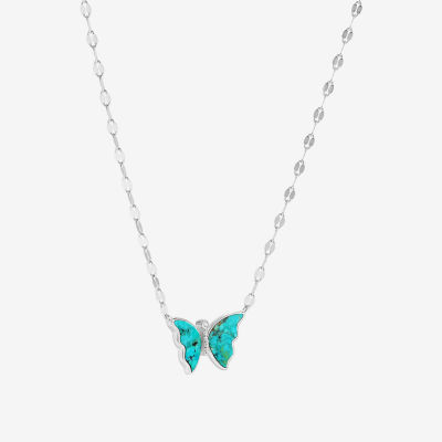 Womens Blue Turquoise Sterling Silver Butterfly Pendant Necklace