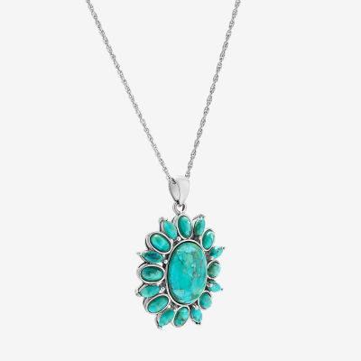 Womens Blue Turquoise Sterling Silver Oval Marquise Pendant Necklace