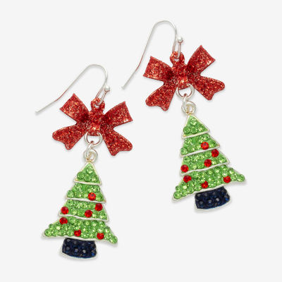 Mixit Bow And Christmas Tree Womens Multi Color Cubic Zirconia Drop Earrings