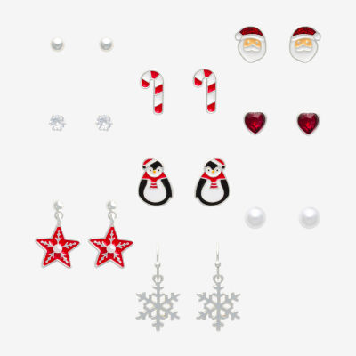 Mixit Silver Tone Merry Era Christmas Womens Multi Color Cubic Zirconia 9 Pair Earring Set
