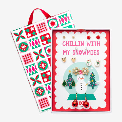 Mixit Gold Tone Chillin With My Snowmies Christmas Womens Multi Color Cubic Zirconia 9 Pair Earring Set