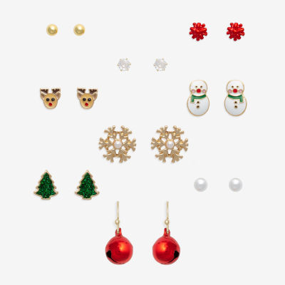 Mixit Gold Tone Chillin With My Snowmies Christmas Womens Multi Color Cubic Zirconia 9 Pair Earring Set