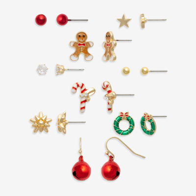 Mixit Gold Tone Nut Cracker Christmas Womens Multi Color Cubic Zirconia 9 Pair Earring Set