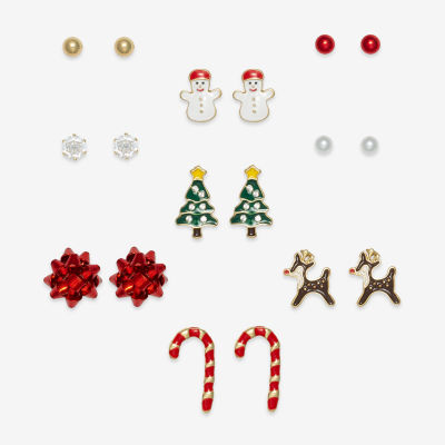 Mixit Gold Tone Feliz Llamada Christmas Womens Multi Color Cubic Zirconia 9 Pair Earring Set