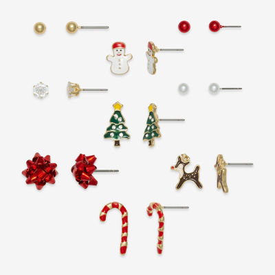Mixit Gold Tone Feliz Llamada Christmas Womens Multi Color Cubic Zirconia 9 Pair Earring Set