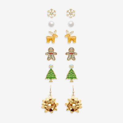 Mixit Gold Tone Christmas Tree & Snowflake Womens Multi Color Glass 6 Pair Earring Set