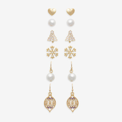 Mixit Gold Tone Heart; Christmas Tree; Ornament; And Snowflake Womens Multi Color Glass 6 Pair Earring Set