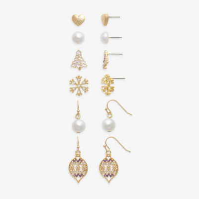 Mixit Gold Tone Heart; Christmas Tree; Ornament; And Snowflake Womens Multi Color Glass 6 Pair Earring Set