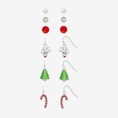 Mixit Silver Tone Reindeer; Christmas Tree & Candy Cane Womens Multi Color Cubic Zirconia 6 Pair Earring Set