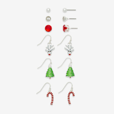 Mixit Silver Tone Reindeer; Christmas Tree & Candy Cane Womens Multi Color Cubic Zirconia 6 Pair Earring Set