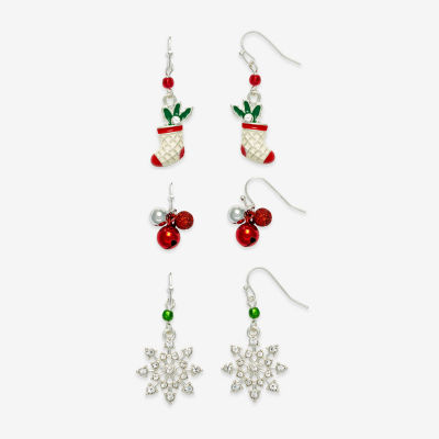 Mixit Silver Tone Bell; Stocking & Snowflake Womens Multi Color Cubic Zirconia 3 Pair Earring Set