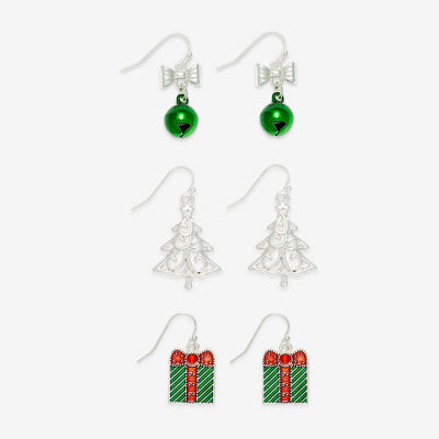 Mixit Silver Tone Bell; Present & Christmas Tree Womens Multi Color Glass 3 Pair Earring Set