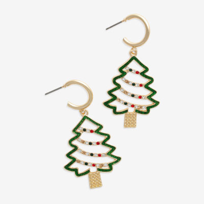 Mixit Gold Tone Christmas Tree Womens Multi Color Glass Drop Earrings