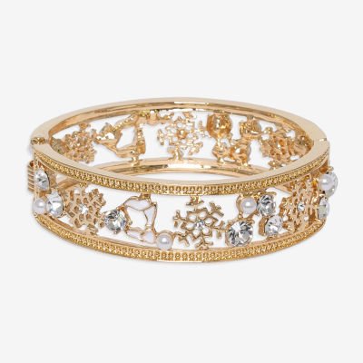 Mixit Gold Tone Holiday Womens Glass Simulated Pearl Bangle Bracelet