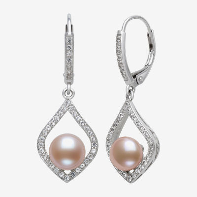 Womens Pink Cultured Freshwater Pearl Sterling Silver Drop Earrings