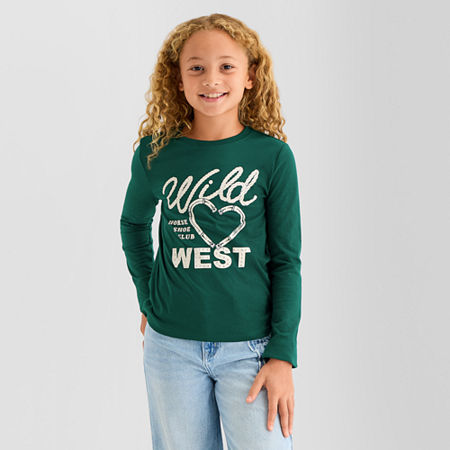 Thereabouts Little & Big Kid Girls Crew Neck Long Sleeve Regular Fit Graphic T-shirt In Green