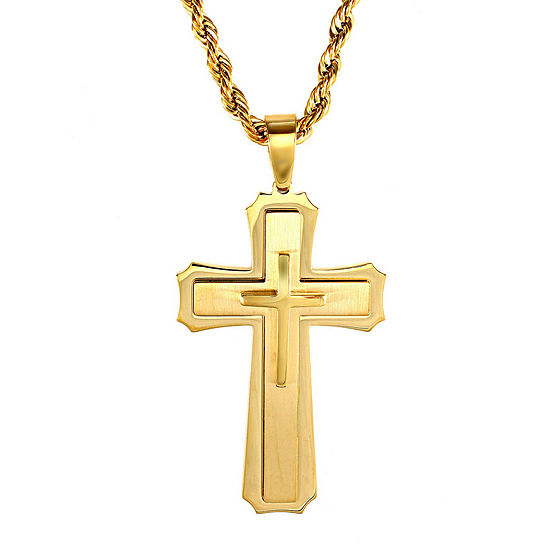 Mens Gold-Tone Ion-Plated Stainless Steel Cross Pendant Necklace, Color ...