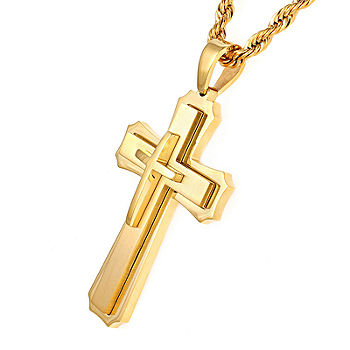 Mens Gold-Tone Ion-Plated Stainless Steel Cross Pendant Necklace