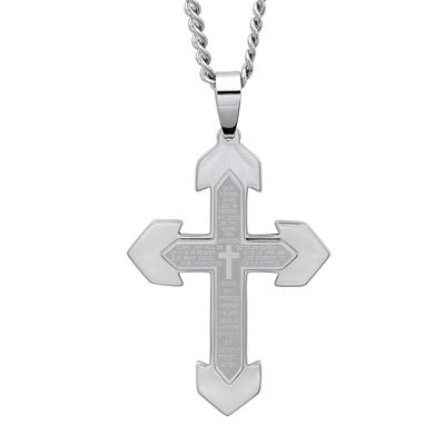 Mens Lord's Prayer Stainless Steel Cross Pendant Necklace, Color White