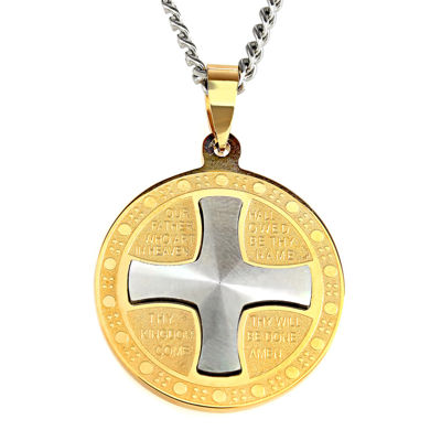 Mens TwoTone Stainless Steel Lord's Prayer Iron Cross Pendant Necklace
