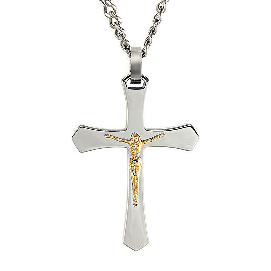 Mens Two-Tone Stainless Steel Crucifix Pendant Necklace