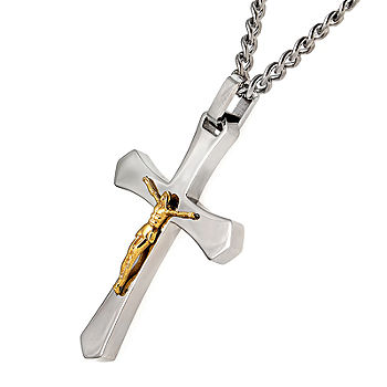 Mens Two-Tone Stainless Steel Crucifix Pendant Necklace, Color