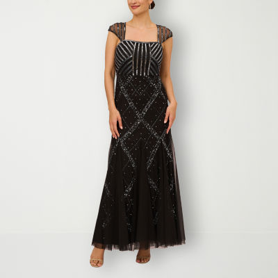 Papell Boutique Short Sleeve Beaded Evening Gown