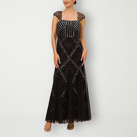 1920s Downton Abbey Dresses Papell Boutique Short Sleeve Beaded Evening Gown 16 Black $108.80 AT vintagedancer.com