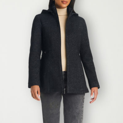 Liz Claiborne Womens Fleece Hooded Midweight Jacket, Color: Black Tweed ...