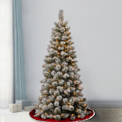 National Tree Co. Snowey Bristle Pine Slim 7 1/2 Foot Pre-Lit Flocked Pine Christmas Tree