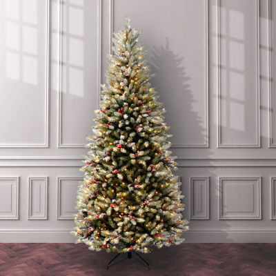 National Tree Co. Dunhill Fir Slim Hinged 7 1/2 Foot Pre-Lit Flocked Fir Christmas Tree