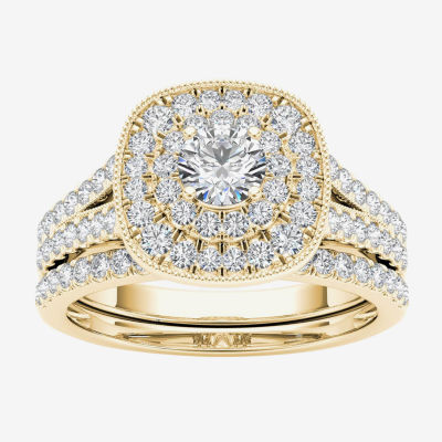 Womens 3/4 CT. T.W. Natural White Diamond 14K Gold Cushion Side Stone Halo Bridal Set