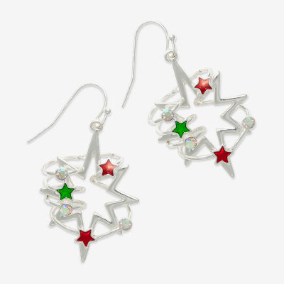 Mixit Silver Tone Festive Star Glass Stainless Steel Drop Earrings