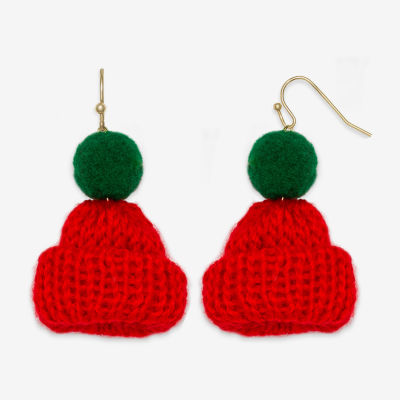 Mixit Red & Green Winter Knit Hat Stainless Steel Drop Earrings