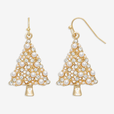 Mixit Gold Tone & Pearl Christmas Tree Glass Simulated Pearl Stainless Steel Drop Earrings