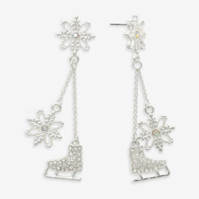 Mixit Silver Tone Snowflake & Ice Skate Cubic Zirconia Stainless Steel Drop Earrings