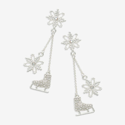 Mixit Silver Tone Snowflake & Ice Skate Cubic Zirconia Stainless Steel Drop Earrings