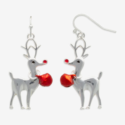 Mixit Silver Tone Reindeer & Red Bell Stainless Steel Drop Earrings