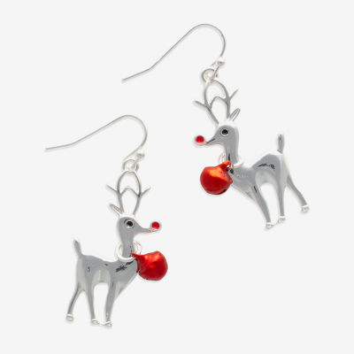 Mixit Silver Tone Reindeer & Red Bell Stainless Steel Drop Earrings