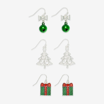 Mixit Silver Tone Bell; Present & Christmas Tree 3 Pair Glass Earring Set