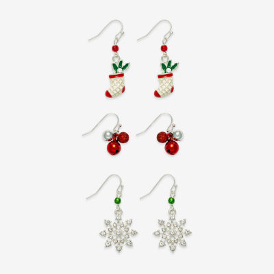 Mixit Silver Tone Bell; Stocking & Snowflake 3 Pair Cubic Zirconia Earring Set