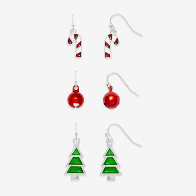 Mixit Silver Tone Bell; Candy Cane & Christmas Tree 3 Pair Glass Earring Set