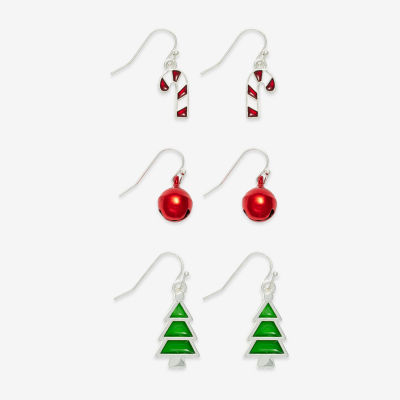 Mixit Silver Tone Bell; Candy Cane & Christmas Tree 3 Pair Glass Earring Set