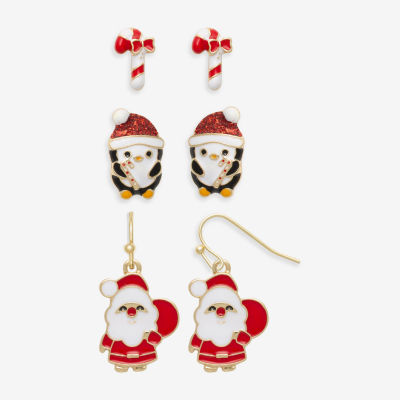 Mixit Gold Tone Candy Cane; Bell & Santa 3 Pair Earring Set