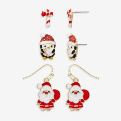 Mixit Gold Tone Candy Cane; Bell & Santa 3 Pair Earring Set